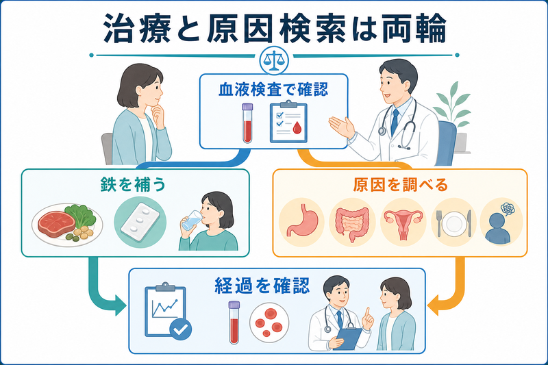鉄欠乏性貧血で、血液検査による確認、鉄の補充、原因検索、治療反応と再発の確認を並行して進める診療の流れ