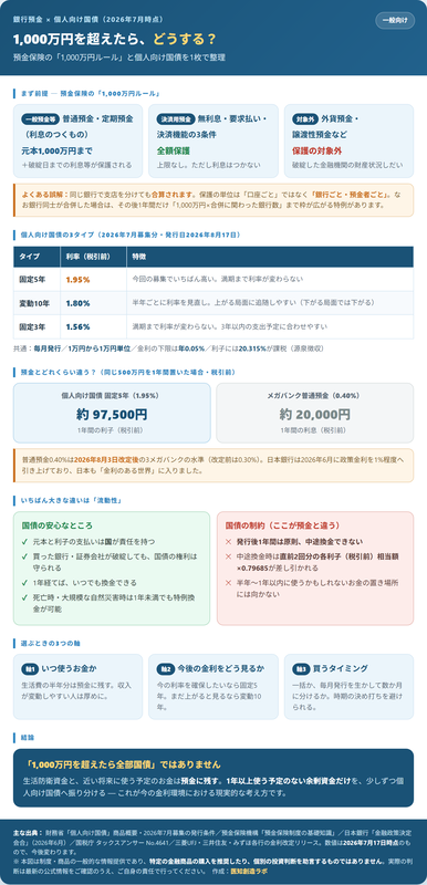 銀行預金1,000万円と個人向け国債のインフォグラフィック：預金保険の1,000万円ルール、個人向け国債3タイプの利率、預金との利子比較、流動性の制約、選ぶときの3つの軸
