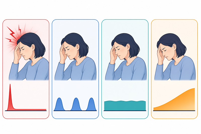頭痛の時間経過を突然発症、反復性、持続性、進行性の4つの視覚的パターンで比較する図