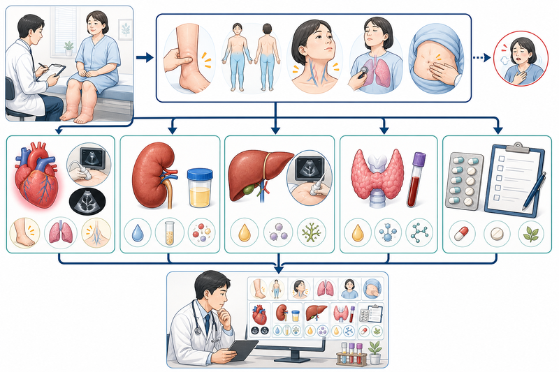 全身浮腫の初期評価を浮腫の性状、うっ血所見、血液・尿検査、薬剤歴の順に系統的に進める診療フロー