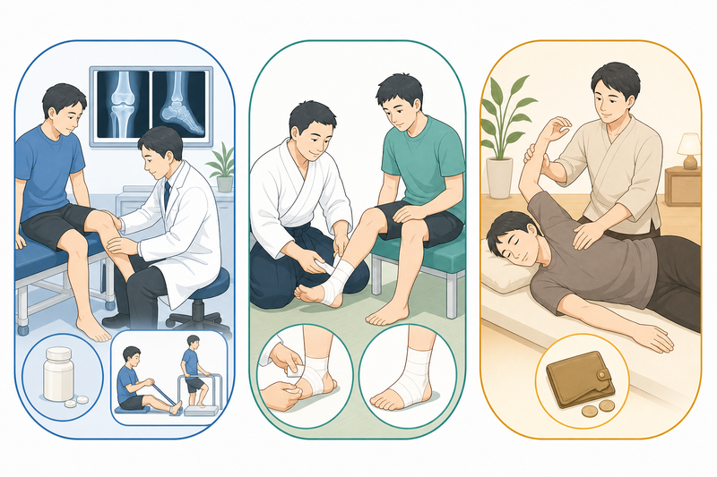 整形外科、整骨院、整体院を、医療機関での診断と治療、柔道整復師による外傷施術、法的資格制度のない自費サービスとして比較した図