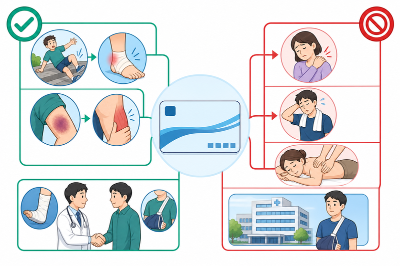 整骨院での健康保険が、外傷性の骨折・脱臼・打撲・捻挫など条件を満たす場合に限られ、肩こり・疲労や同一負傷の医療機関治療中は対象外となることを示す図