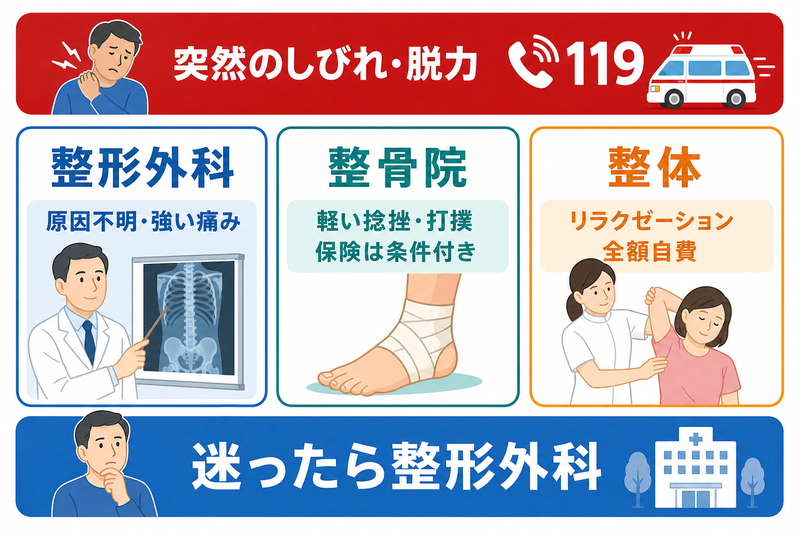 突然のしびれや脱力では119番、原因不明や強い痛みは整形外科、明確な軽い捻挫や打撲は整骨院も選択肢、リラクゼーション目的は整体などの自費サービスと示す受診先インフォグラフィック