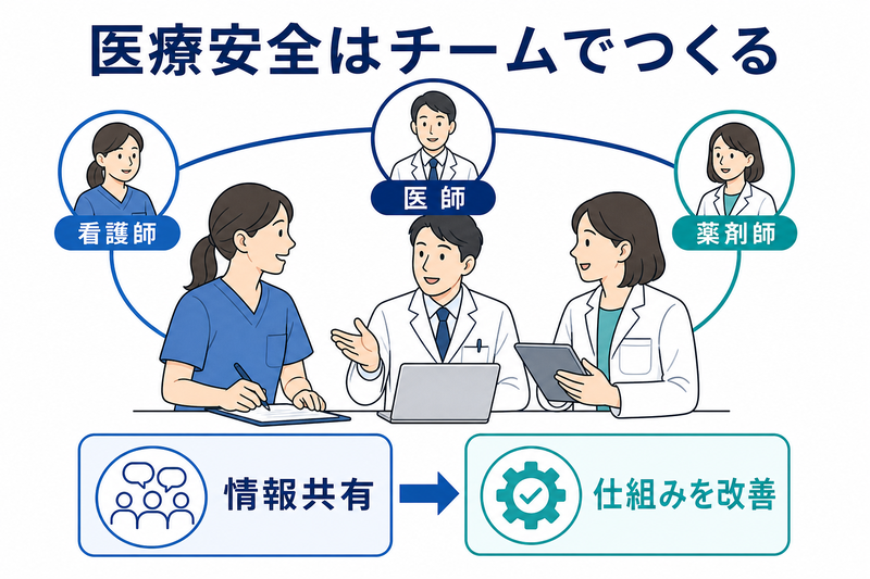 医師、看護師、薬剤師など多職種が情報を共有し安全な仕組みを作る図