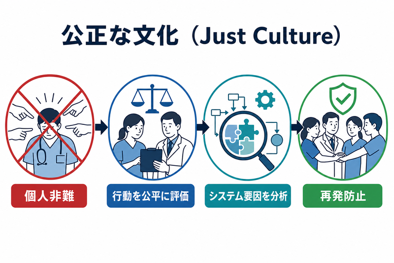 個人非難からシステム要因の分析と再発防止へ視点を移す図