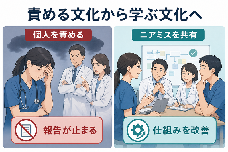個人を責める報告文化と、ニアミスを共有して組織改善につなげる非懲罰的な報告文化の比較