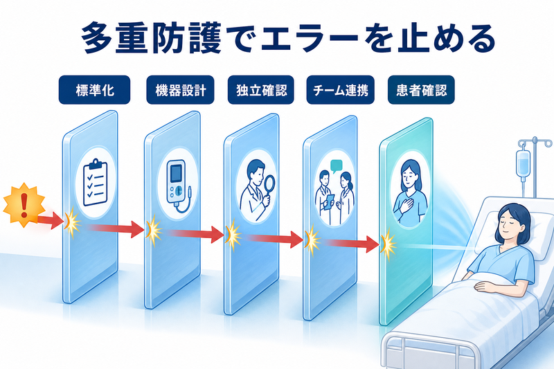 人の注意力だけに頼らず、標準化、確認、機器設計、チーム連携など複数の防護層でエラーの到達を防ぐ図