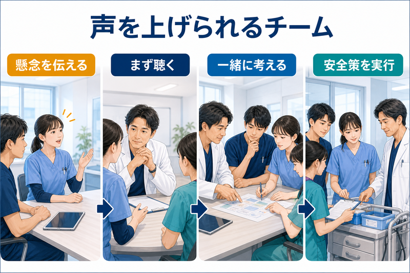 多職種カンファレンスで若手職員が懸念を表明し、リーダーとチームが立ち止まって共同で安全策を検討する場面