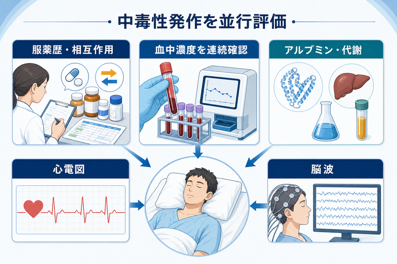 抗てんかん薬中毒を疑った際に服薬歴と相互作用、連続的な血中濃度と代謝検査、心電図と脳波を並行評価する図