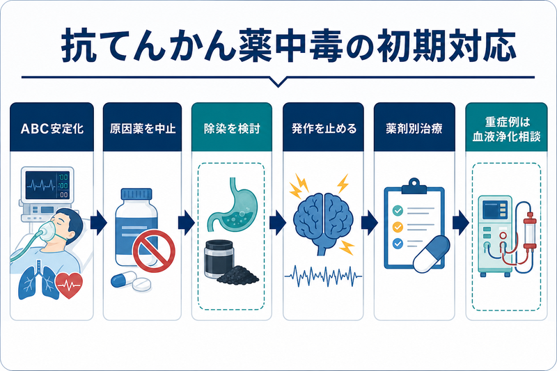 抗てんかん薬中毒でABC安定化、原因薬中止、消化管除染の適応検討、発作治療、薬剤別治療、重症例の血液浄化相談へ進む安全フロー