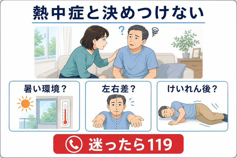 暑い環境にいたか、手足や顔に左右差があるか、けいれん後かを確認し、熱中症と決めつけず救急要請を優先する見分け方