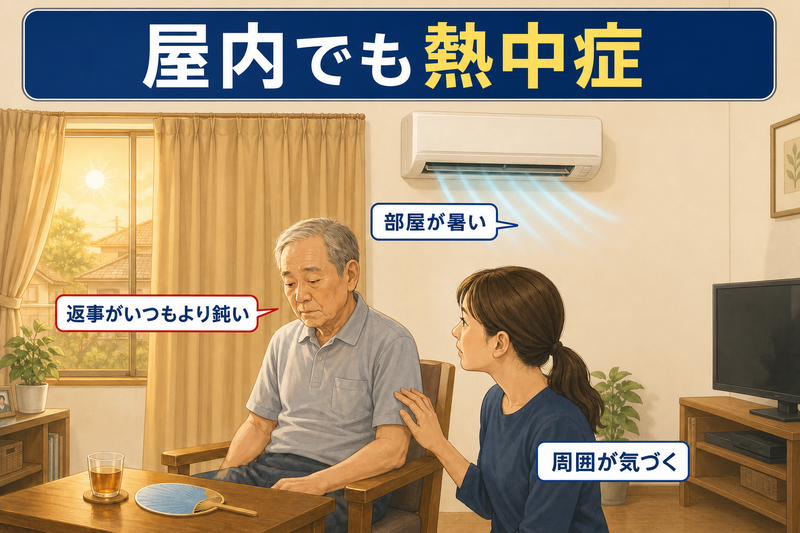 暑い室内で返事が鈍い高齢者に家族が気づき、室温確認とエアコン使用、見守りにつなげる場面