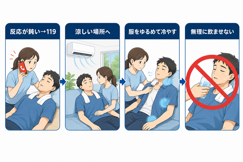 熱中症が疑われ反応が鈍い人に対し、119番通報し、涼しい場所へ移し、服をゆるめて冷やし、無理に水を飲ませない応急手当