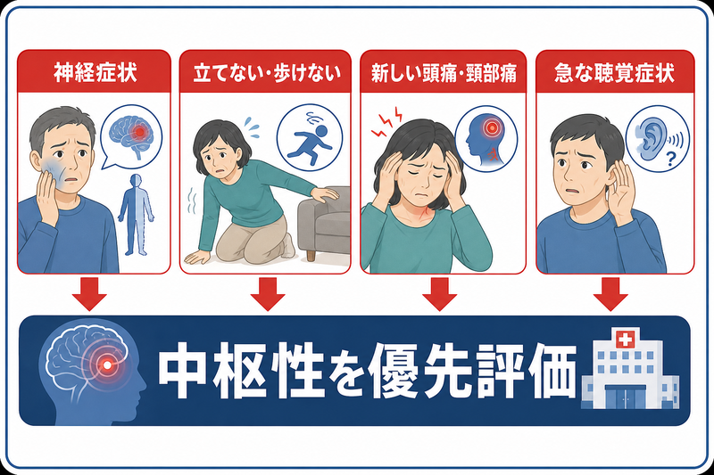 急性めまいに新たな神経症状、強い歩行障害、新しい頭痛・頸部痛、急性聴覚症状があれば脳卒中などの評価を優先する図