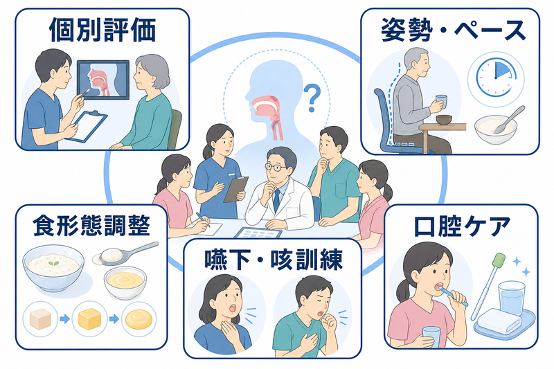 言語聴覚士による個別計画を中心に、姿勢・食形態・嚥下訓練・咳訓練・口腔ケアを組み合わせる図