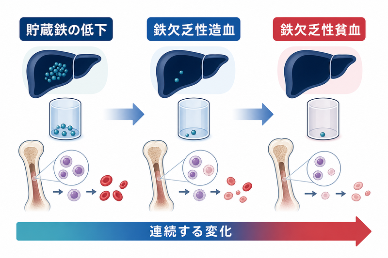 貯蔵鉄の低下から鉄欠乏性造血、鉄欠乏性貧血へ連続する鉄欠乏のスペクトラム図
