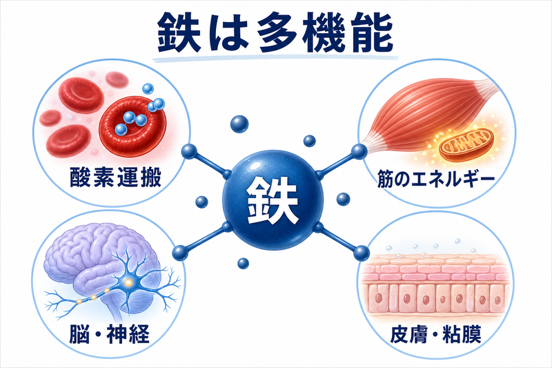鉄が赤血球だけでなく筋肉、脳、上皮など複数の組織機能に関わることを示す図