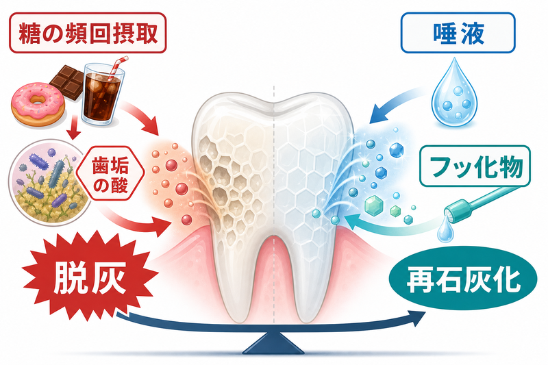 糖の摂取と歯垢の酸、脱灰、唾液とフッ化物による再石灰化のバランスを示す図