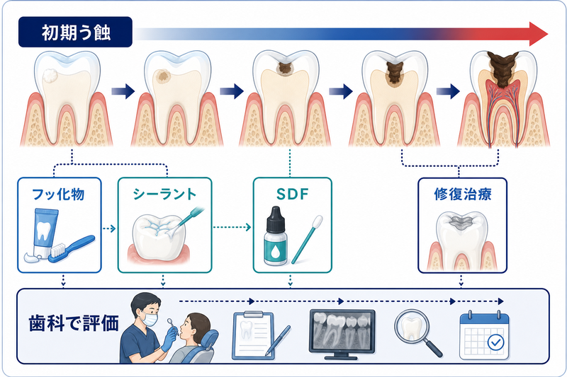 初期う蝕の再石灰化支援、シーラント、SDFなどの非修復的治療と修復治療を病変に応じて選ぶ図