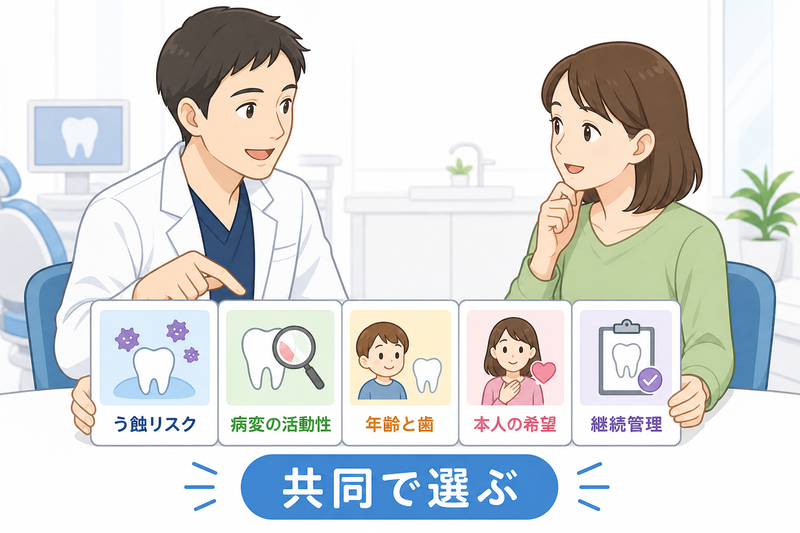 国ごとの一律比較ではなく、う蝕リスク、病変の活動性、年齢、希望、通院可能性から治療を選ぶ図