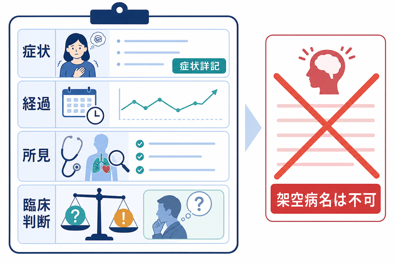 病名だけで伝わらない検査の必要性を症状、経過、所見、判断で補足する症状詳記の図