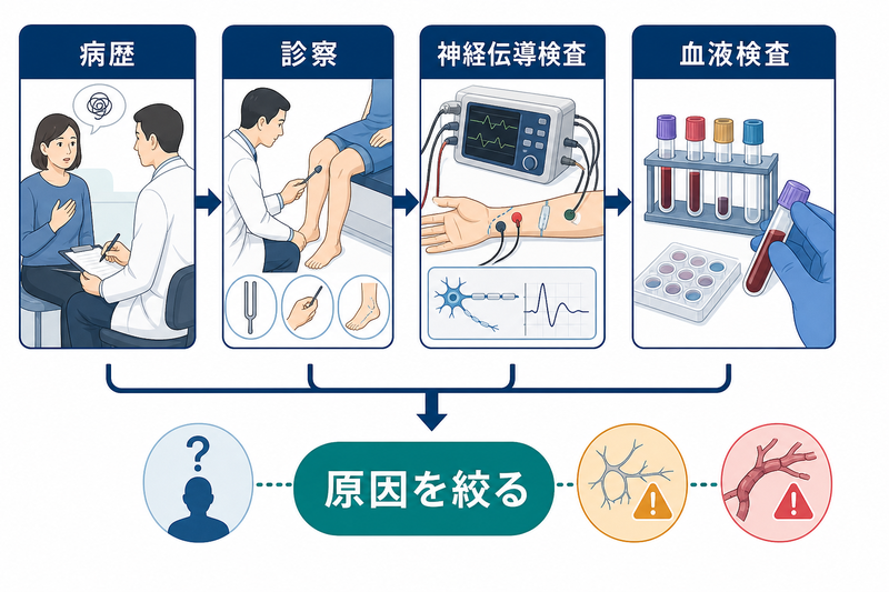 病歴・診察・神経伝導検査・血液検査を組み合わせ、原因を段階的に絞り込む図