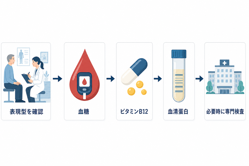 表現型を確認してから、高収率の初期検査と必要時の専門検査を段階的に進める図