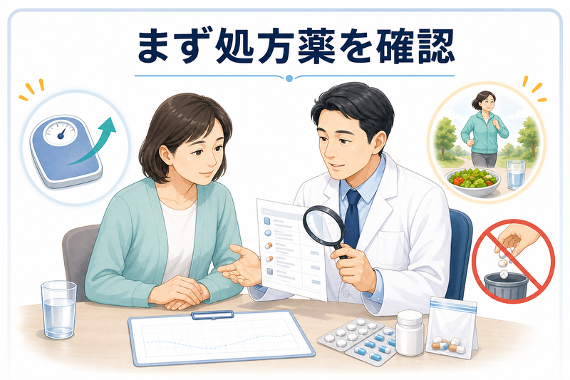 体重変化を訴える患者に対し、医師が食事や運動の聞き取りより先に処方薬の一覧を確認し、自己判断で中止せず相談する流れを示す図
