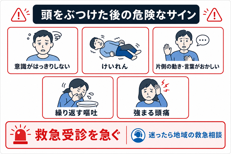 頭部打撲の後に、意識がはっきりしない、けいれん、片側の動きや言葉の異常、繰り返す嘔吐、強まる頭痛がある場合は救急受診を急ぐ目安を示す図