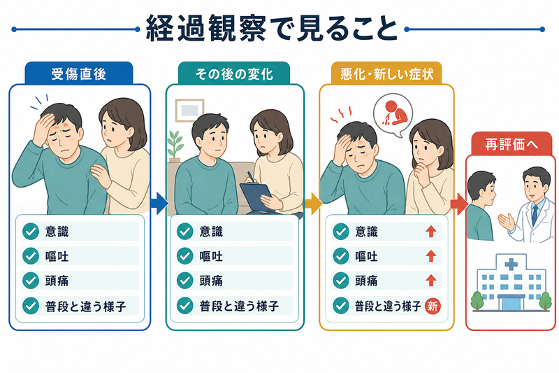 頭部打撲後の経過観察で、受傷直後だけでなく時間がたってからの意識、嘔吐、頭痛、普段と違う様子の変化にも注意し、悪化や新しい症状があれば再評価することを示す図