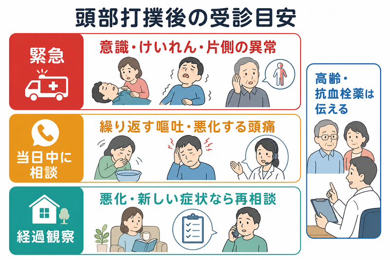 頭部打撲後の対応を、救急受診を急ぐ危険なサイン、当日中に相談したい症状、悪化時には再相談する経過観察の3段階で整理した図