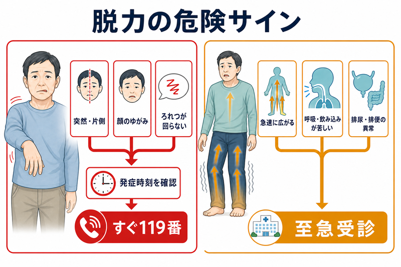 突然の片側脱力や顔・言葉の異常は発症時刻を確認して119番、急速に広がる脱力や呼吸・嚥下、排尿排便の異常は至急受診する流れを示す図