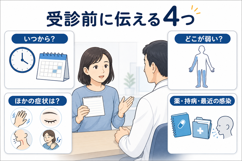 筋力低下で受診するときに、発症時期、弱い場所、伴う症状、薬・持病・最近の感染を医療者へ伝えるための4項目チェック図