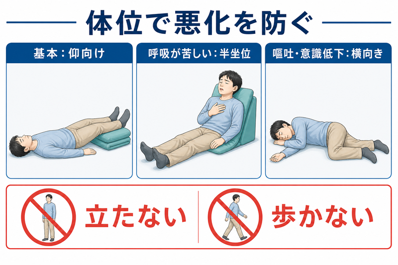 アナフィラキシー時の体位として、基本は仰向け、呼吸が苦しいときは半坐位、嘔吐や意識低下時は横向きとし、立たせたり歩かせたりしないことを示す図