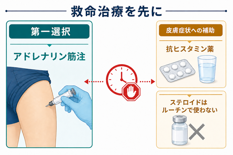 アナフィラキシーの第一選択はアドレナリン筋注で、抗ヒスタミン薬は皮膚症状への補助、ステロイドはルーチン使用しないことを示す優先順位図