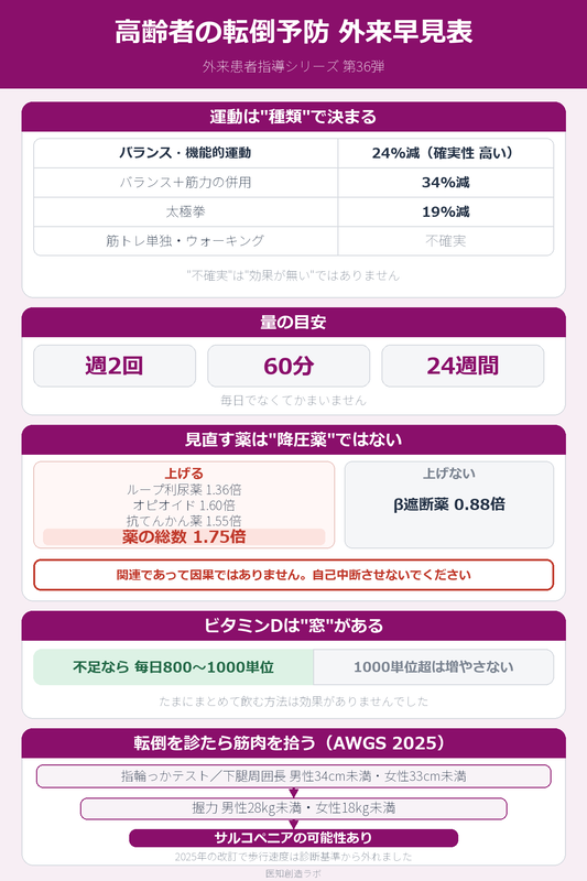 高齢者の転倒予防 外来早見表 インフォグラフィック バランス・機能的運動は24%減・バランスと筋力の併用は34%減・筋トレ単独とウォーキングは不確実/週2回60分24週間/見直す薬はループ利尿薬1.36倍とオピオイド1.60倍と抗てんかん薬1.55倍と薬の総数1.75倍でβ遮断薬は0.88倍/ビタミンDは不足なら毎日800〜1000単位まで/指輪っかテストと握力でサルコペニアの可能性あり
