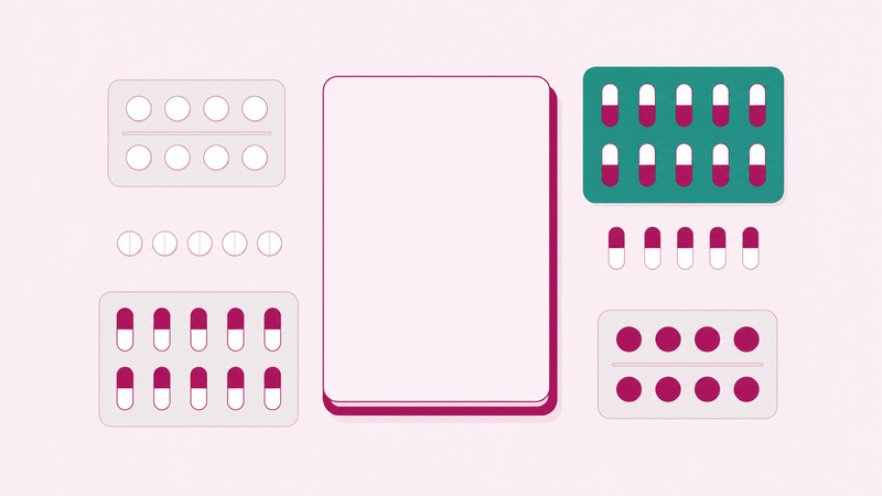 お薬手帳のまわりに錠剤シートとカプセルが多数並んでいるイラスト。薬の種類ではなく数を数えることを表している