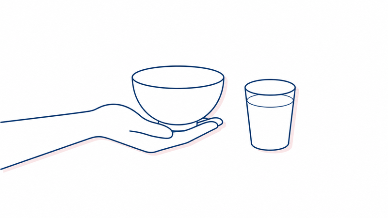 茶碗をそっと差し出す手と、水の入ったコップを並べた線画イラスト。むせるからといって食事や水を取り上げないことを表している