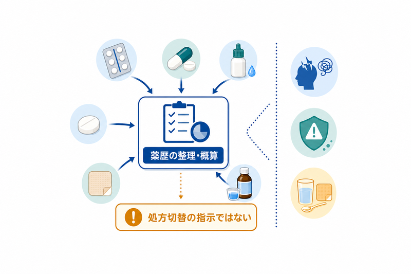 複数の抗パーキンソン病薬をLEDDで整理しつつ、効果や副作用、剤形、処方切替は別に判断することを示す概念図