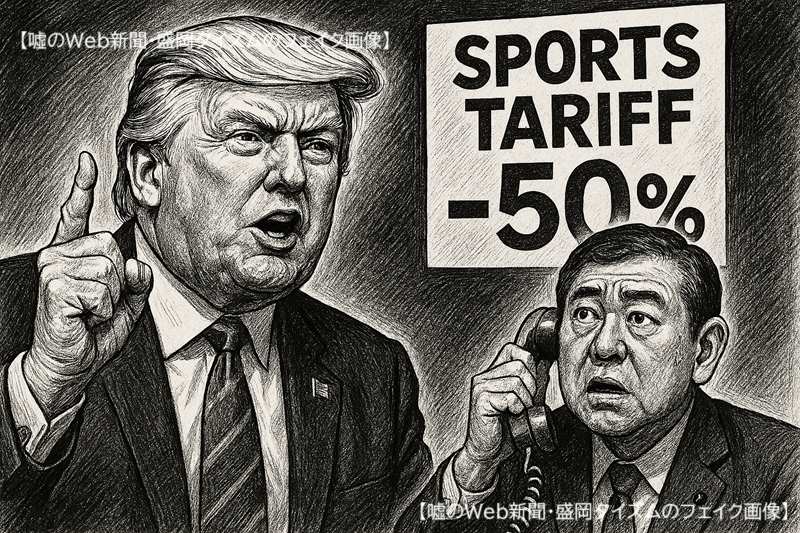 アメリカのトランプ大統領によく似た男性と、日本の石破首相によく似た男性が電話会談している。背後には”Sports Tarrif -50%"の貼紙がある。