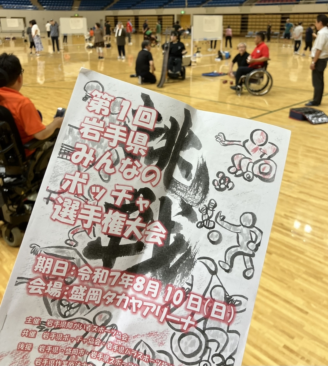 大会の様子を背景にしたプログラム表紙の写真。奥・中央にはランプを使って競技している電動車いすユーザーが写っている