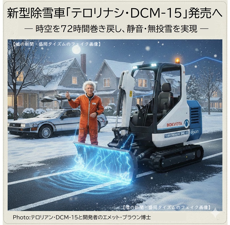 嘘の新聞・盛岡夕イズムのフェイク画像。雪の降る町の風景。オレンジ色の作業服を着た博士が、架空のタイムマシン除雪車・デロリナシの脇に立っている。デロリナシは排雪板から火花のよに電磁波を発し、道路だけは雪が消えている。