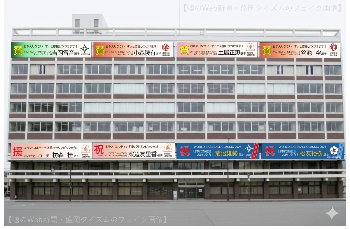 成岡市役所の庁舎正面全景。5階建ての横長の建物の外壁に、横断幕が計8枚掲げられている。 上段に4枚、下段に4枚が横一列に並び、それぞれ異なる色でデザインされている。 上段は主に冬季オリンピック関連で、「誉 おかえりなさい ずっと応援しています！」などの言葉とともに、スピードスケートやジャンプ、複合、クロスカントリーの選手名が記されている。 下段はパラリンピックやワールド・ベースボール・クラシック（WBC）関連で、「祝 日本代表選出」などの文言と選手名が並ぶ。 いずれもメダルの有無ではなく、出場や挑戦を讃える内容で、市庁舎全体が“成岡スポーツの殿堂”のような雰囲気を醸している。