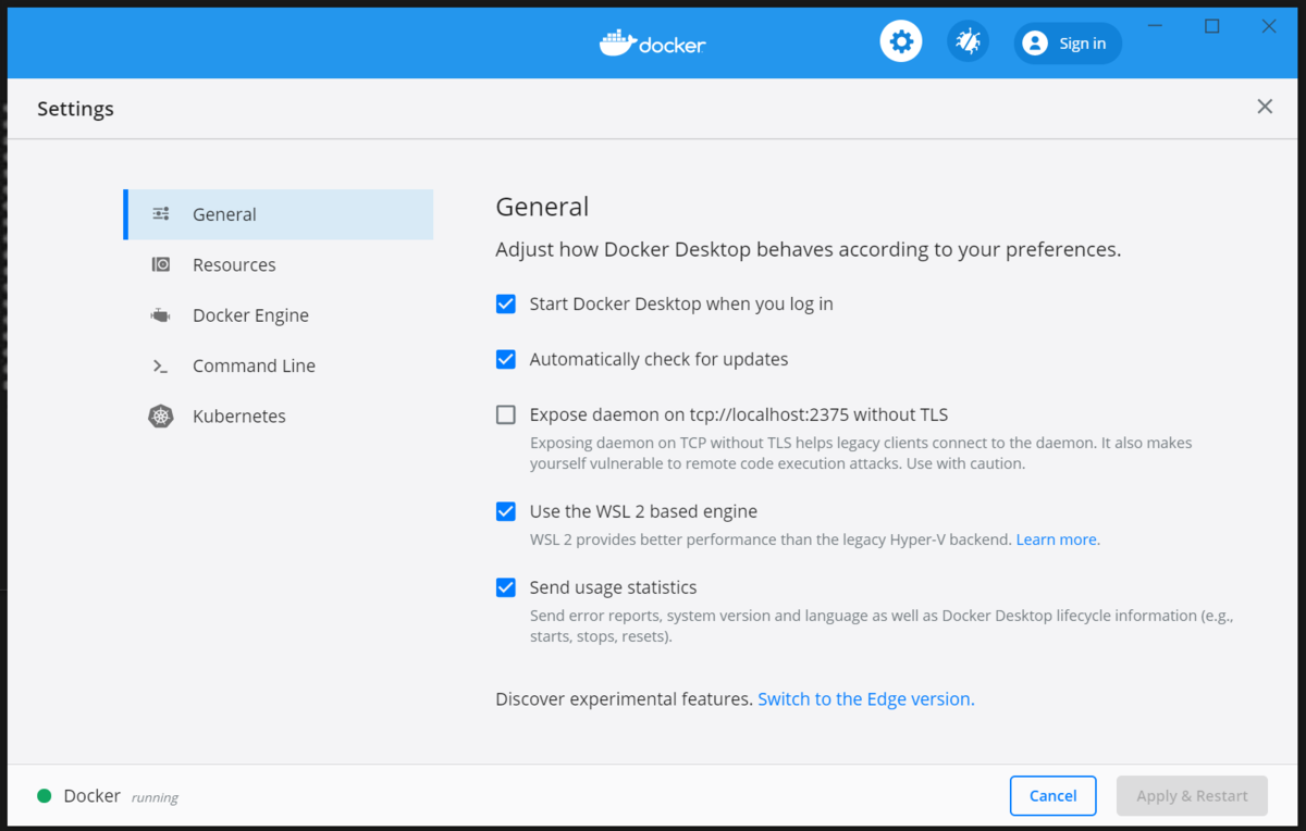 Docker の設定画面
