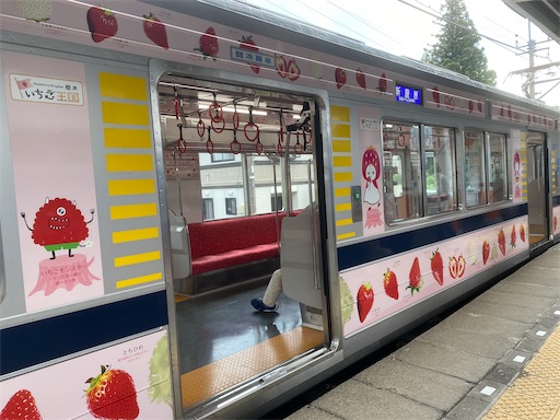 いちご電車　つり革はいちご型、座席にもいちご模様、私の心をわしづかみにしました！