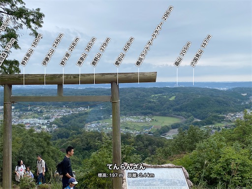 鳥居の右の方に巾着田が見下ろせます。