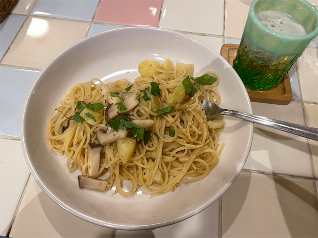 ポテトとエリンギの青じそ風味パスタ