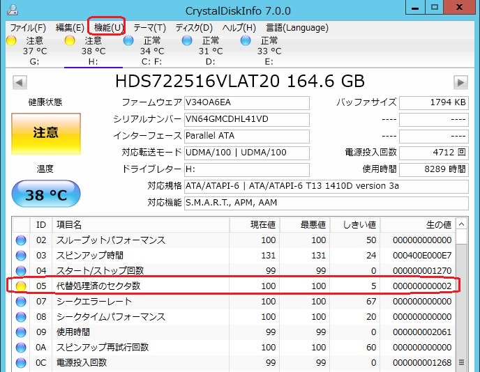 HDD の劣化進行を素早く検知するため、CrystalDiskInfo の「健康状態