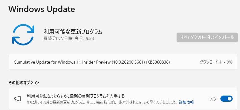 Windows11 Dev チャンネルに 累積更新 (KB5060838) が配信され