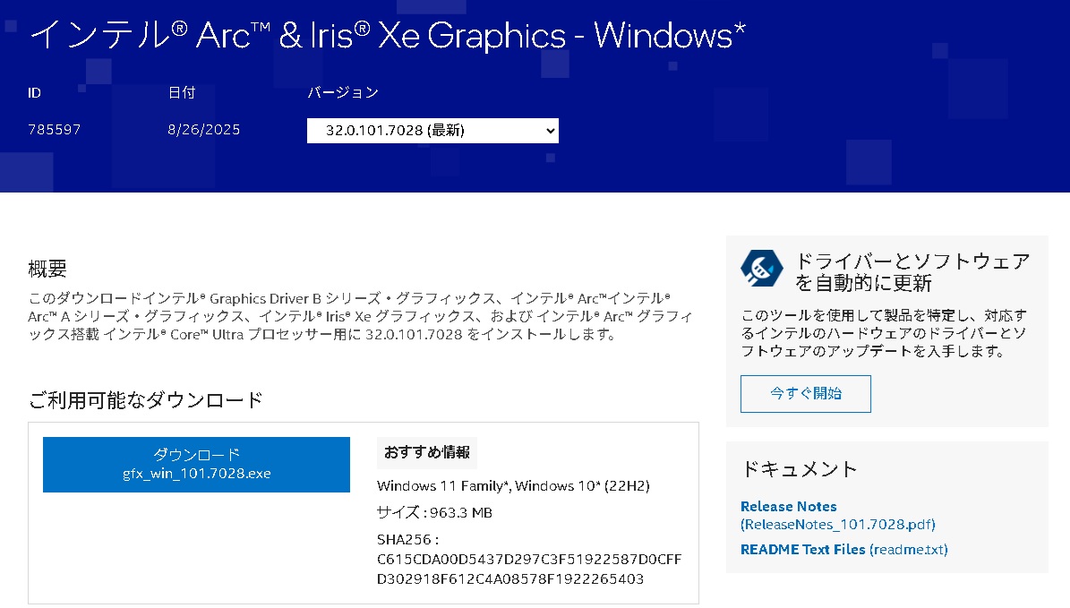 インテル Arc & Iris Xe Graphicsドライバー 32.0.101.7028 Non-WHQL